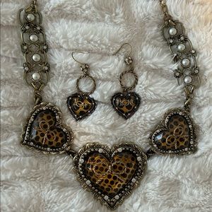 Betsy Johnson statement heart and animal print necklace and earrings